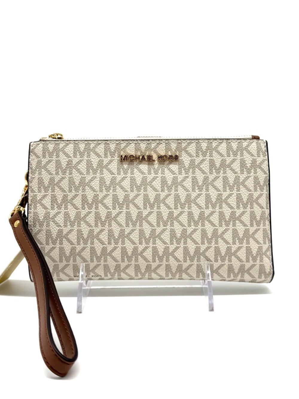 Michael Kors Large Double Zip Wallet Wristlet Vanilla/Brown